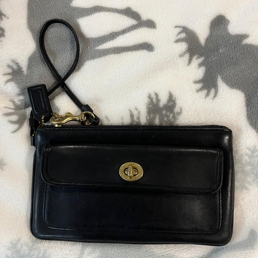 Coach Black Leather Wristlet with Gold Accents